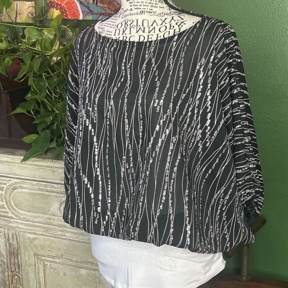 1980s FIRST GLANCE Glittering Polyester Blouson Top Kimono Sleeves Semi-sheer M